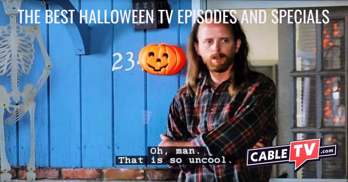 Image of a disappointed man standing on his porch at Halloween. Closed captioning reads, "Oh, man. That is so uncool." A scene from Freaks and Geeks, part of CableTV.com's guide to the best Halloween TV episodes and specials.