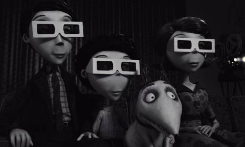 Three stop-motion puppet people wearing 3D glasses with their dog. Everything is black and white.