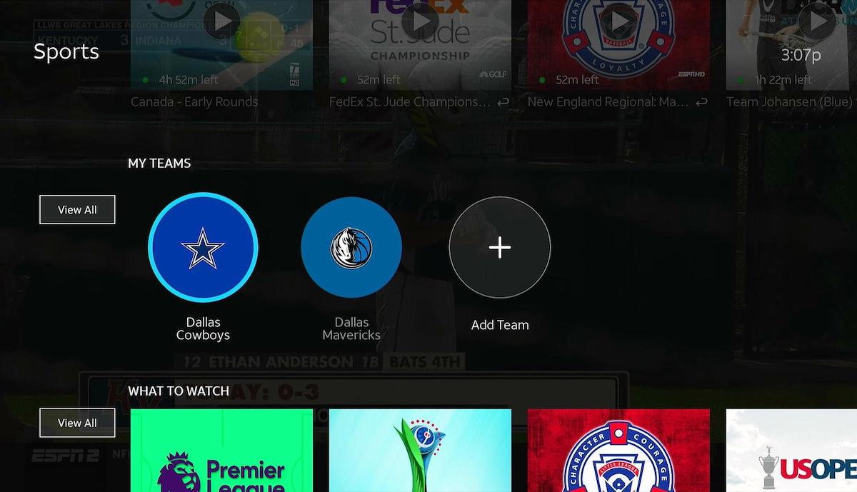 The DIRECTV STREAM My Teams Carousel displays a row of sports team logos.