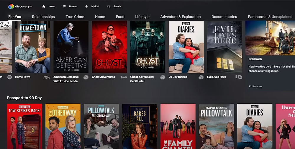 Discovery Plus "For You" screen