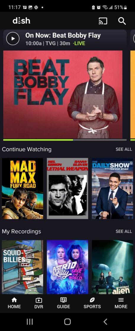 The DISH Anywhere home screen