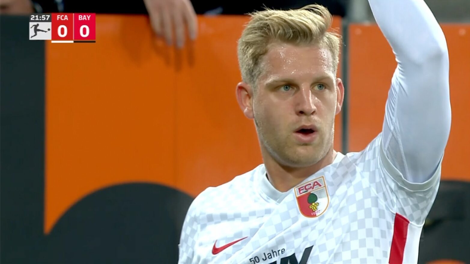 ESPN Plus screenshot of soccer player Arne Maier setting up to take a corner kick.