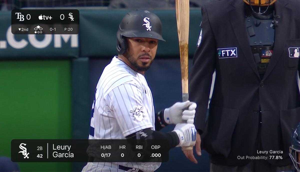 A screenshot of the Apple TV+ media player showing a Friday Night Baseball game between the Tampa Bay Rays and the Chicago White Sox.
