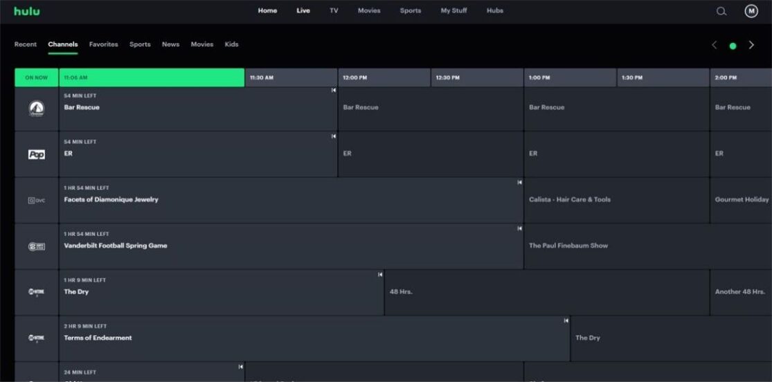 Hulu + Live TV channel grid