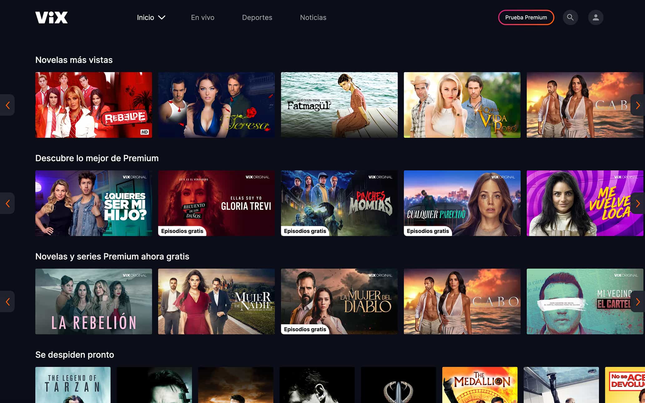 ViX’s home page displays rows of free and premium content.