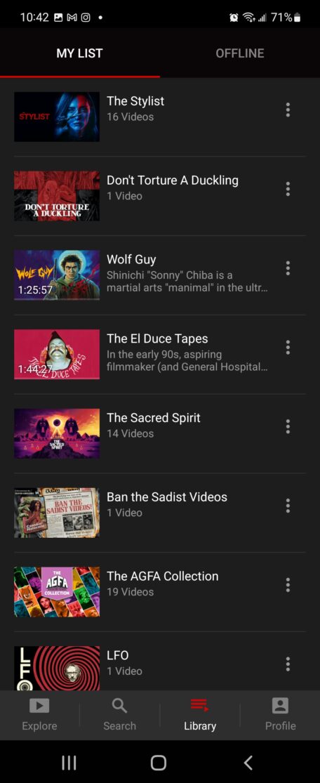 The Arrow Player "My List" page viewed on mobile via the service's Android app.