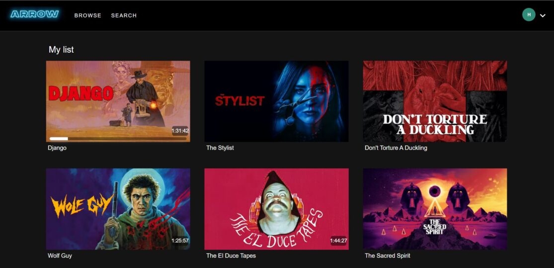 The Arrow Player "My List" pages viewed on a Lenovo ThinkBook laptop (Windows 10 Pro) via the Chrome browser.