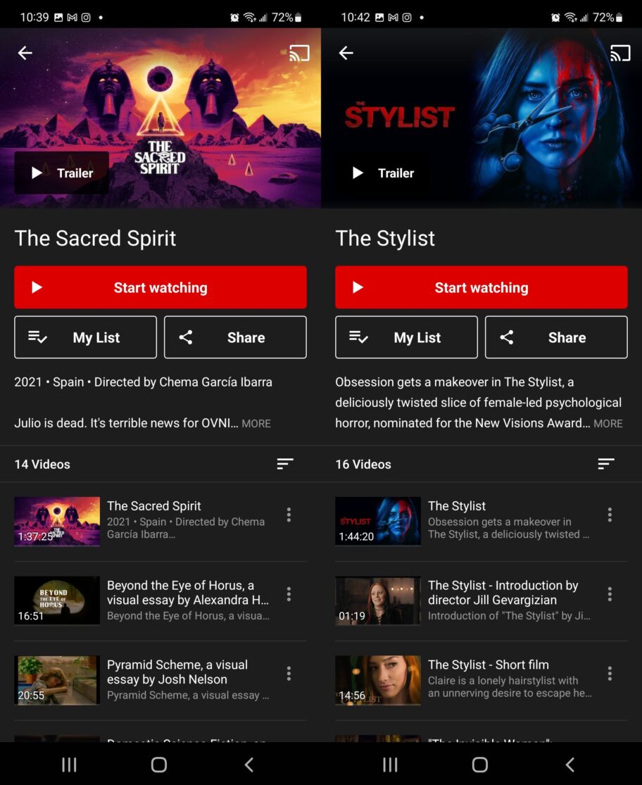 Arrow Player title pages (mobile view) for The Sacred Spirit and The Stylist showing included special features.