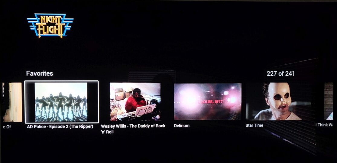 The Night Flight Plus “Favorites” page as viewed on a Samsung QN90A smart TV via the Roku Ultra.