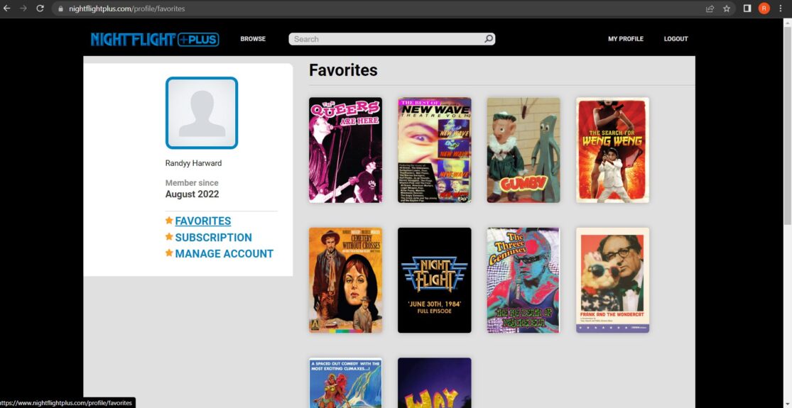 The Night Flight Plus “Favorites” page as viewed on a laptop in the Google Chrome browser.