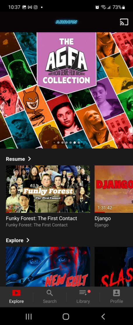 The Arrow Player home screen viewed on mobile via the service's Android app.