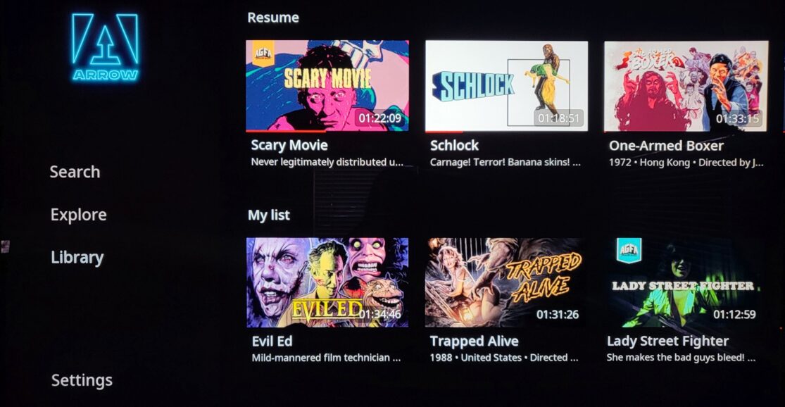 The Arrow Player "My List" page viewed on a Samsung QN90A smart TV via the Roku Ultra.