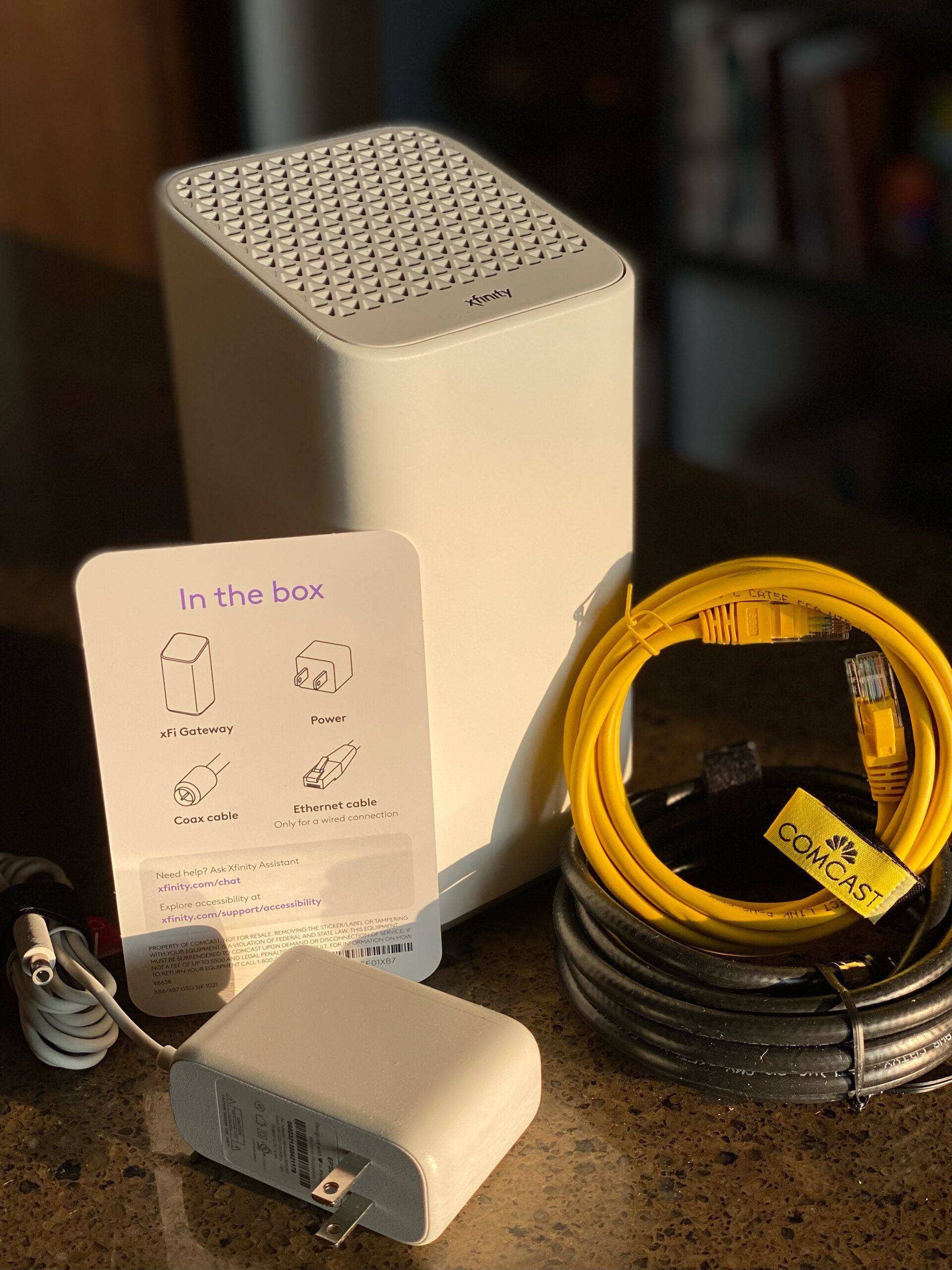 Xfinity xFi gateway unboxing with required cables and instructions