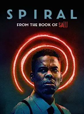 The Spiral: From the Book of Saw movie poster shows Chris Rock from the shoulders up, with a pink neon spiral behind his head.