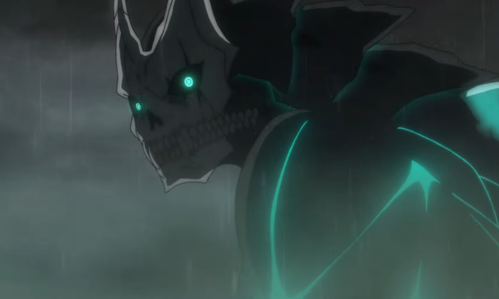 A big monster with glowing green eyes stands in a foggy silhouette.