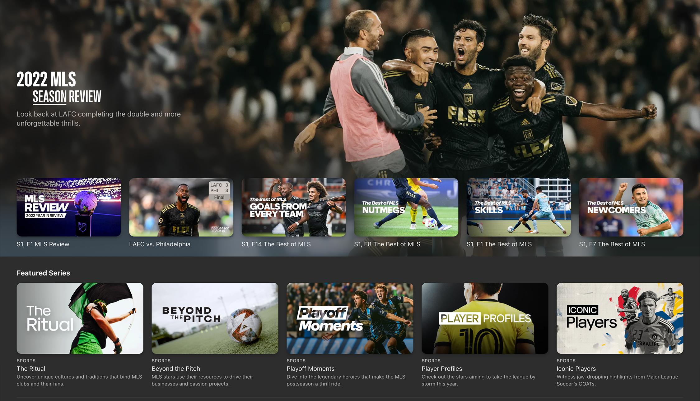 The MLS Season Pass home page displays rows of on-demand MLS content.