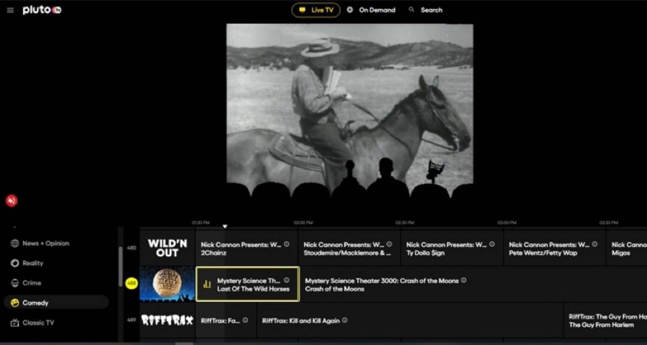 The Pluto TV home screen displays a TV guide alongside a video player.