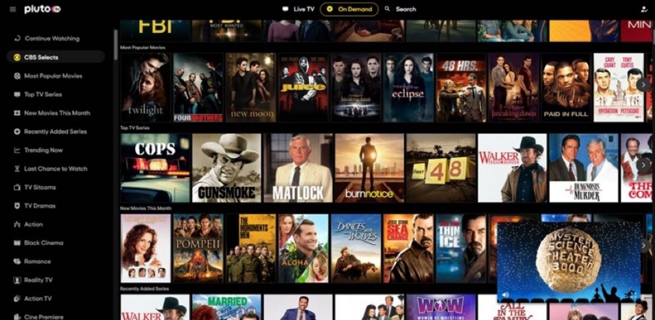 The Pluto TV on-demand menu displays rows of movies and TV shows.