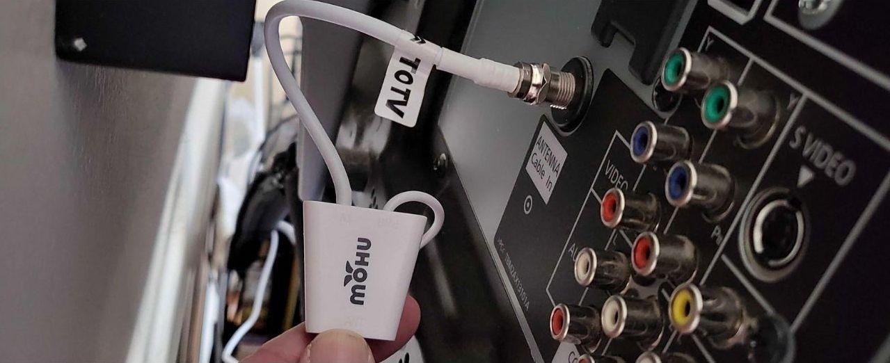 The Mohu Leaf 50's cables, properly connected to a TV's antenna-in port.