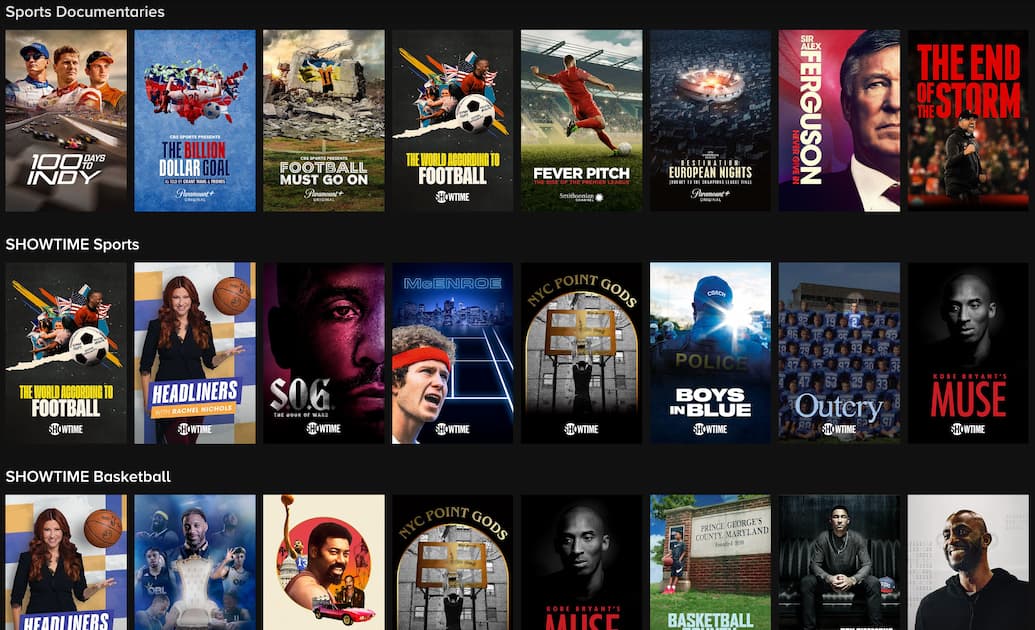 Rows of on-demand sports content on Paramount Plus.