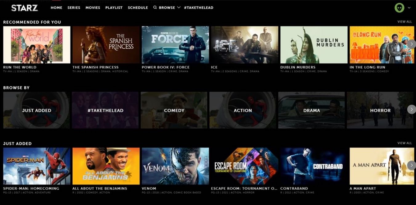 The STARZ home screen displays rows of TV shows, movies, and genre categories.