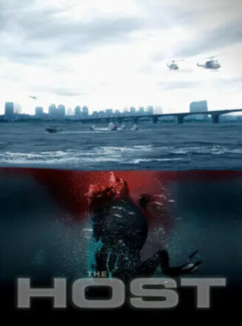 Choppers fly over the ocean off the South Korean coast, while a sea monster thrashes below, surrounded by blood.