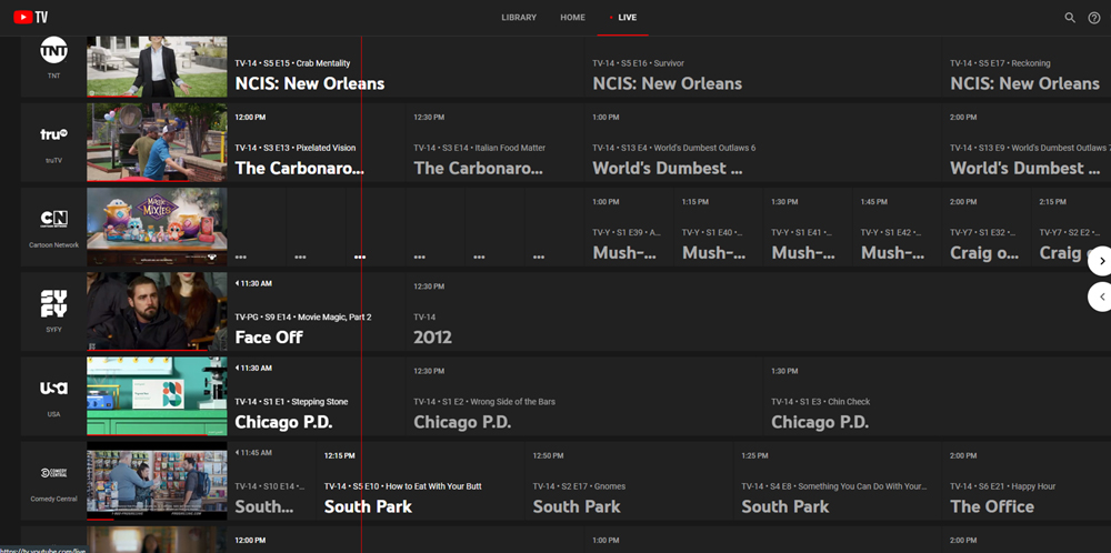 YouTube TV channel guide in dark mode