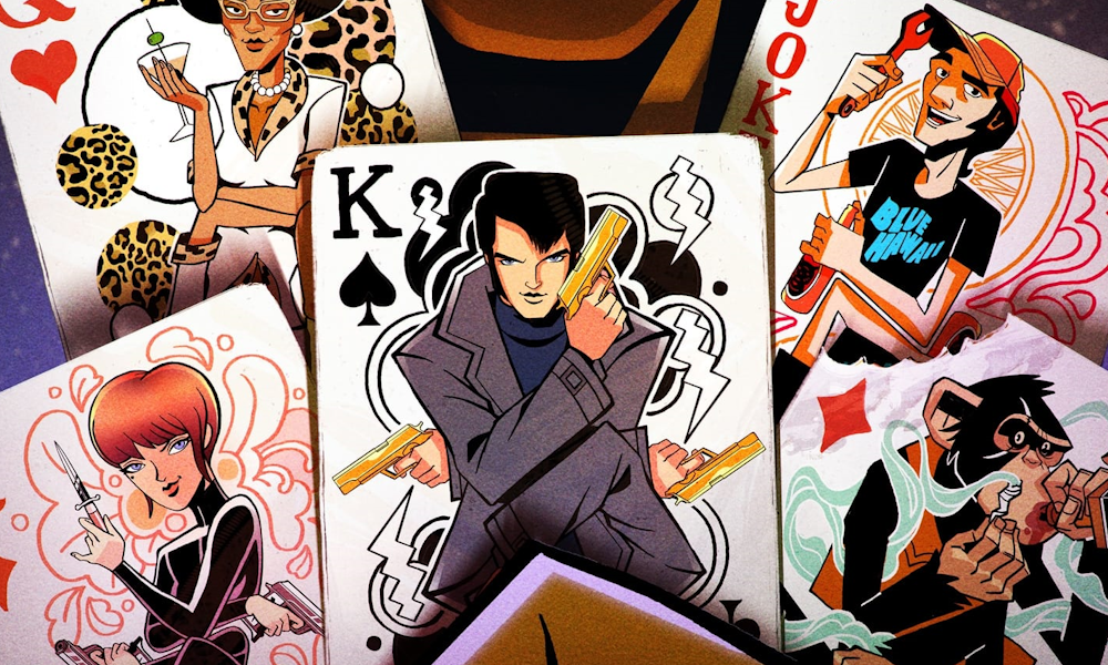 A cartoon Elvis holding a gun on a playing card.