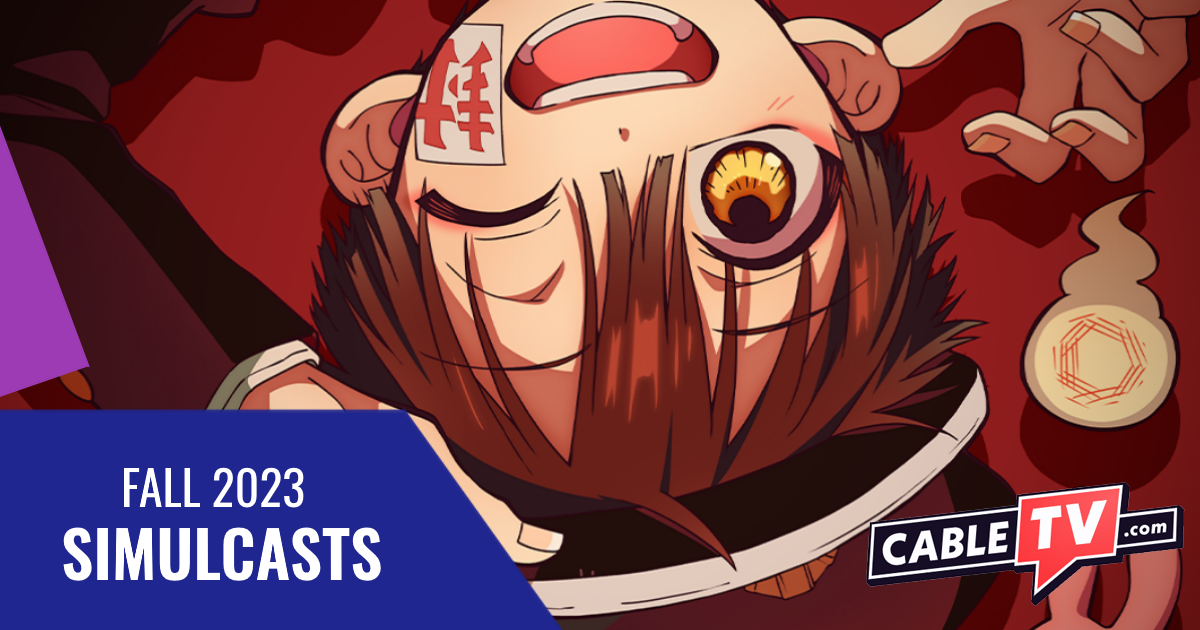 A boy in an old-fashioned Japanese school uniform, floating upside-down while winking. He's surrounded by spirits. There is text that says "Fall 2023 Simulcasts" and the CableTV.com logo.