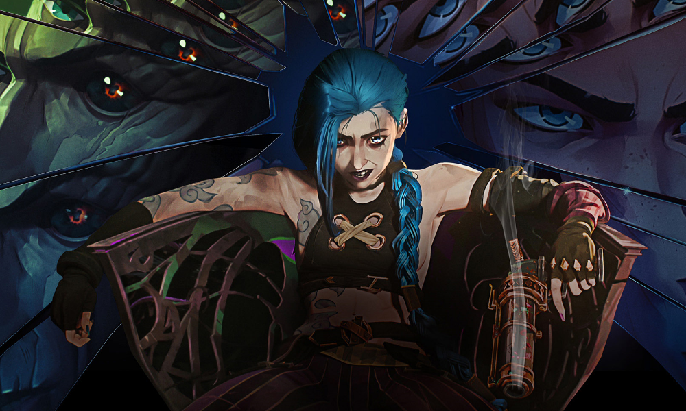Jinx, a woman with tattoos and long braided blue hair.