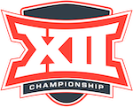 Logo for the Big 12 Championship, featuring a Roman script 12 against a black and orange pennant.