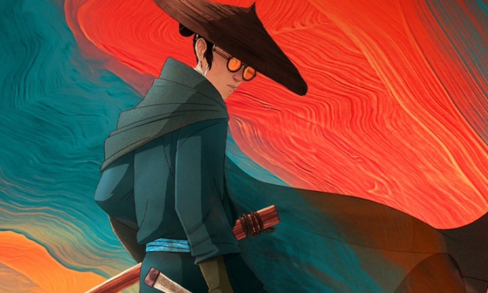 A Japanese swordfighter in a wide-brimmed 17th century hat and circular glasses looks over their shoulder as their cape flows in the wind.