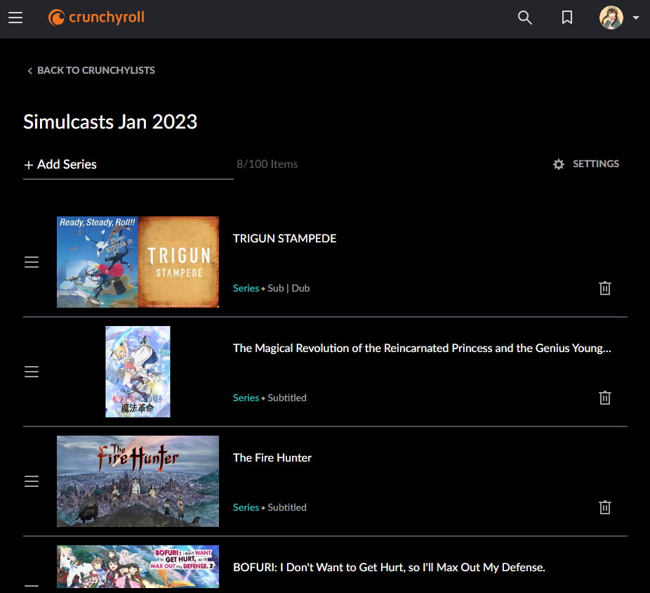A Crunchylist with several titles already added. There are controls to move titles around and add new ones to the list.