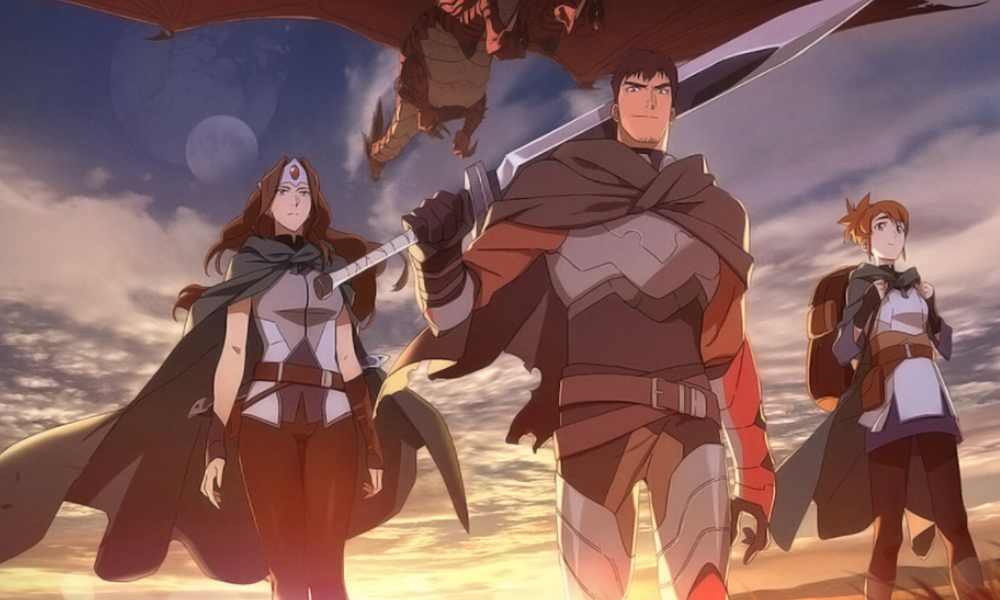 A man and two women set out for a medieval fantasy adventure while a dragon flies overhead.