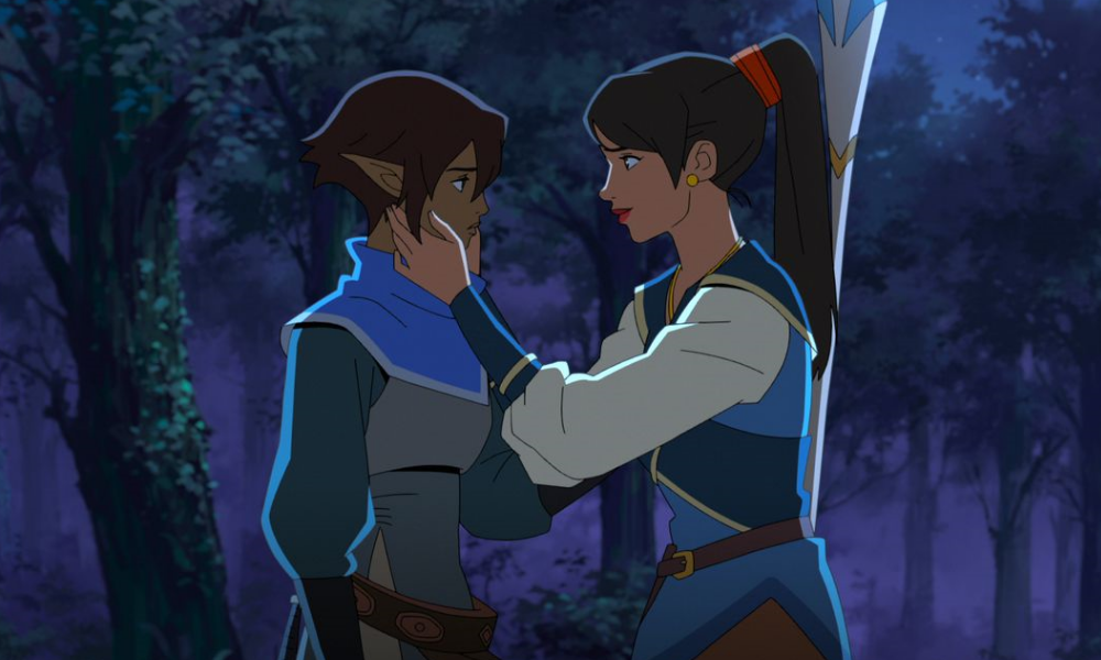 A human woman with a ponytail caresses the cheek of an elven woman with dark skin and short hair.