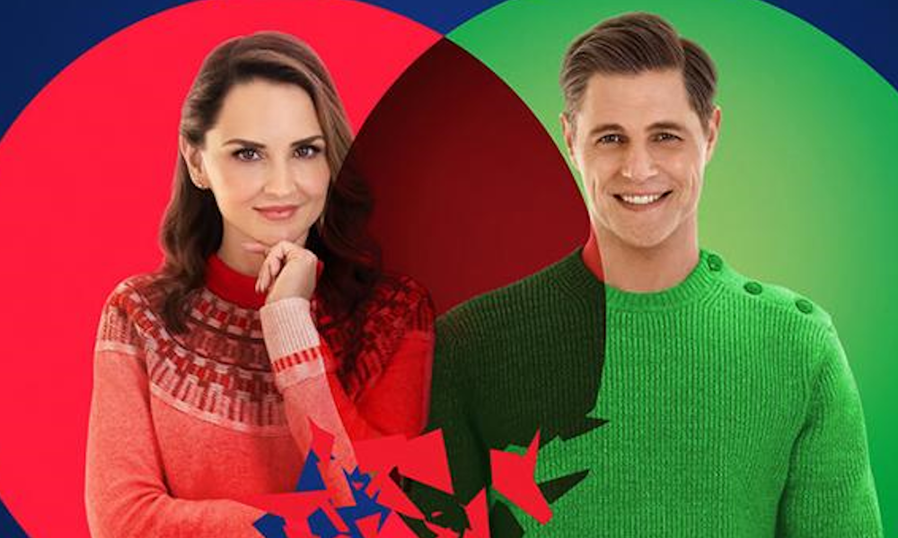 A woman in a red sweater and a man in a green sweater.