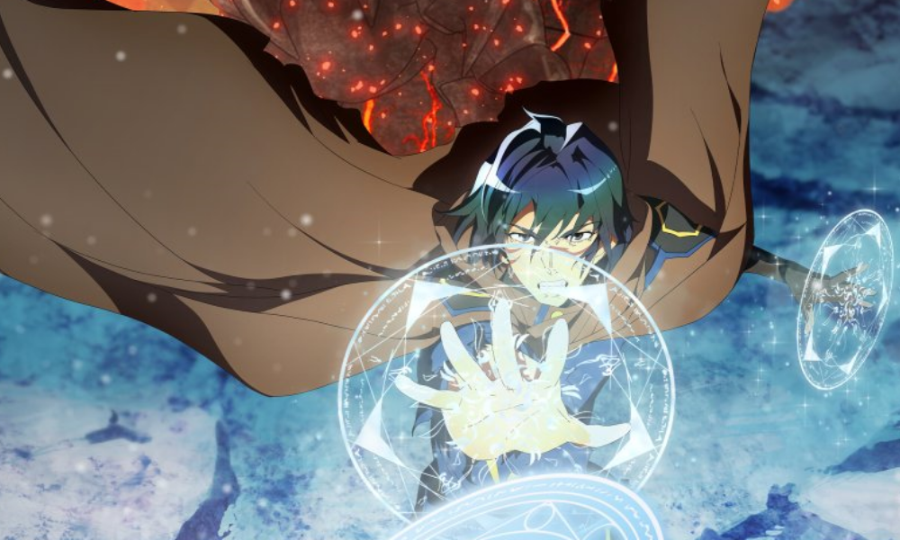 An anime man holds out one hand, strenuously casting some magic spell.