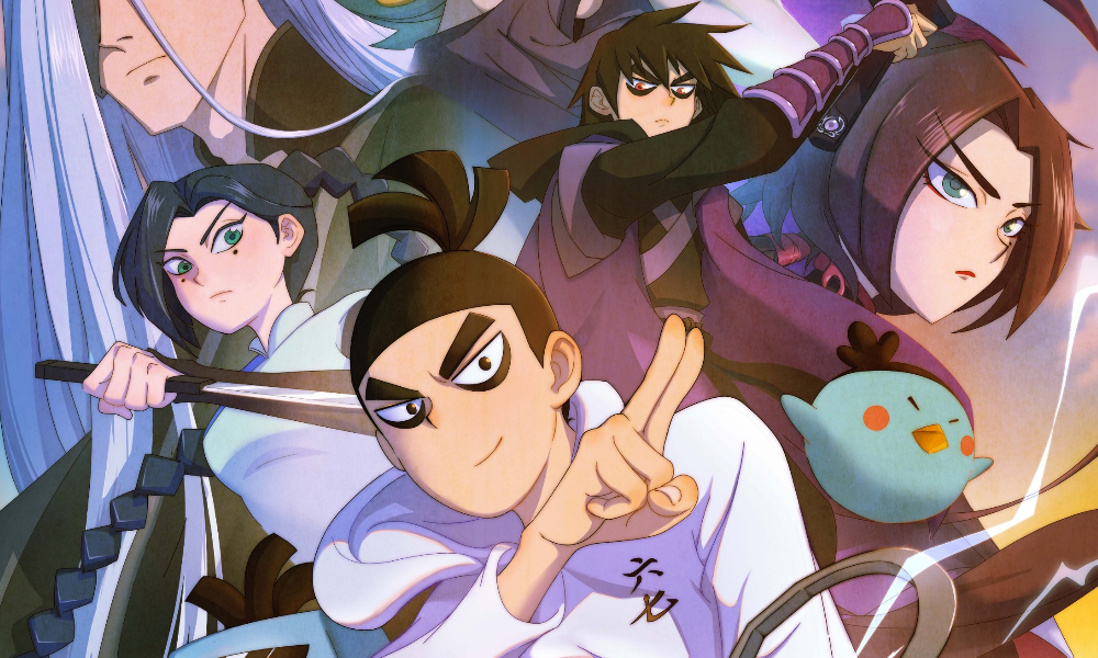 A cartoon man with his hair tied back into a ponytail, holding up two fingers and smiling. Behind him stand various assassins, and to his side is a turquoise chicken.