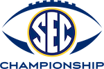 The SEC logo against a blue football with championship text on the bottom.