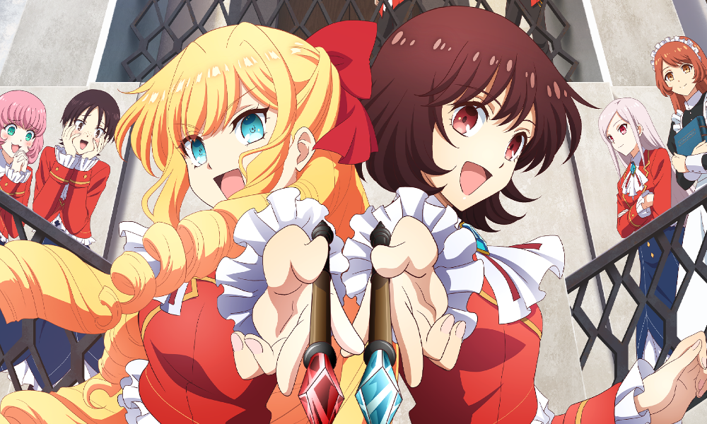 Two anime girls in rufffle-covered red uniforms; one has long blonde hair and one has short dark hair. Both are pointing at the viewer with wands.