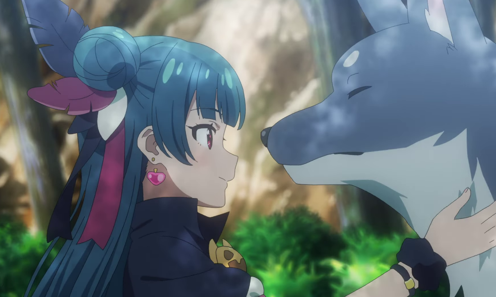 Yohane, an anime girl with dark blueish black hair, and her large dog.