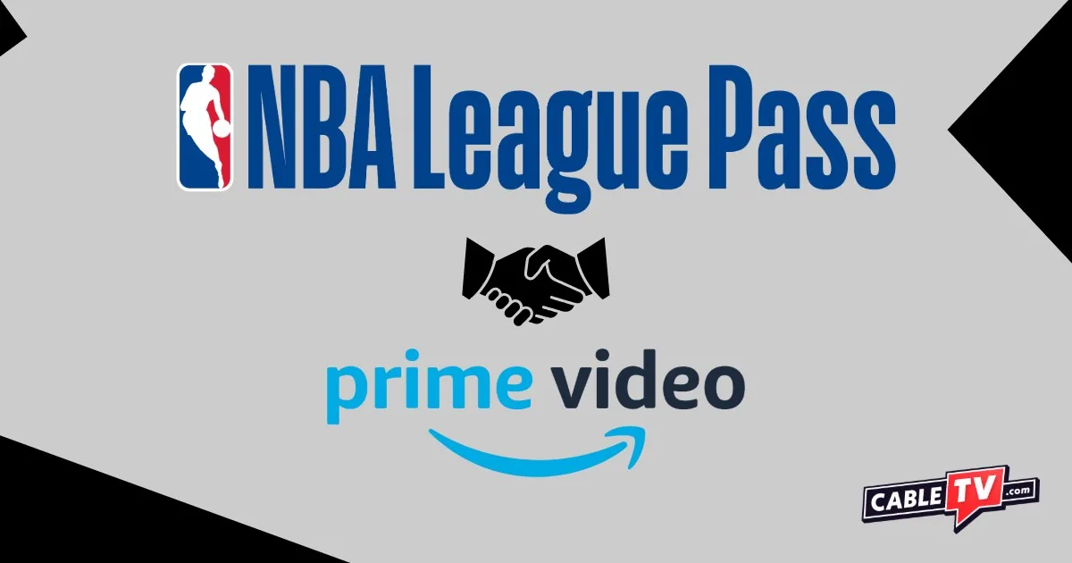 NBA League Pass and Amazon Prime Video logos with a handshake emoji in between on a gray background with black triangular accents in the corners.