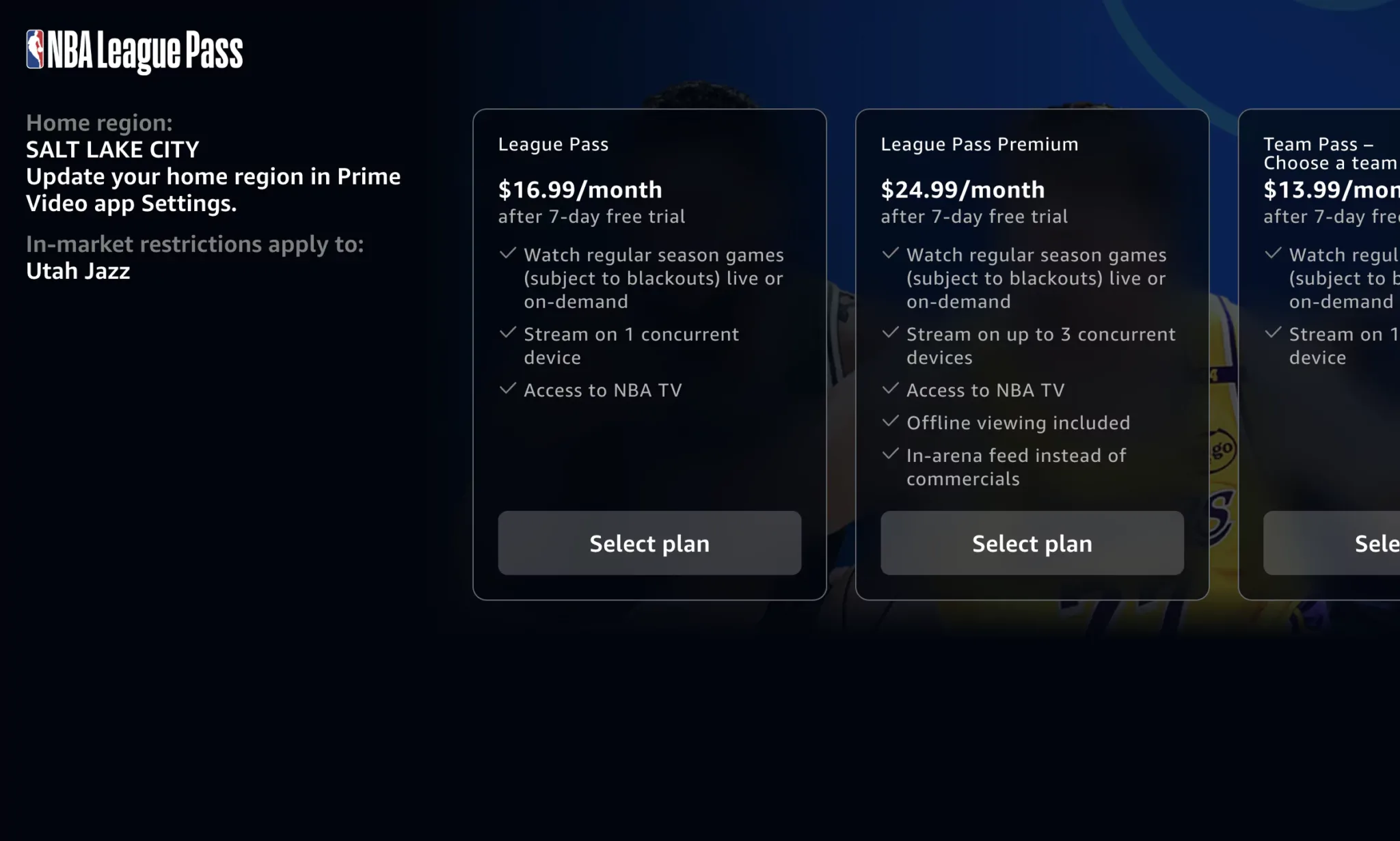An Amazon Prime Video webpage detailing three pricing options for subscribing to NBA League Pass.