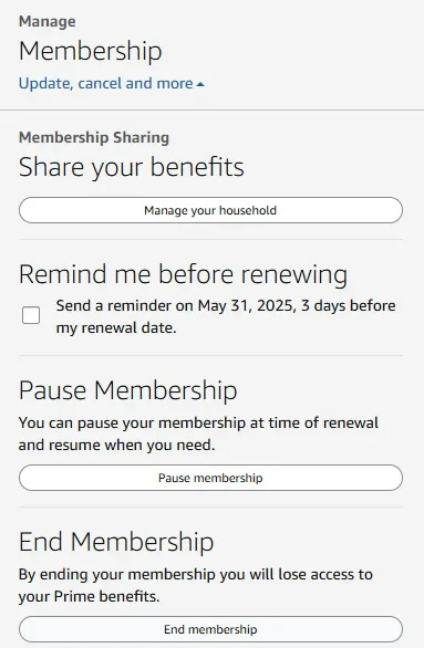 A screenshot showing the Amazon Prime Membership settings, including Remind me before renewing, Pause Membership, and End Membership.