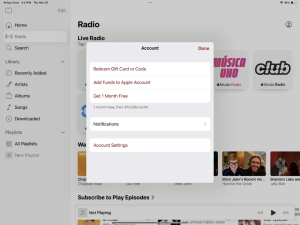 Screenshot of the Account menu in the Apple Music iPad app.