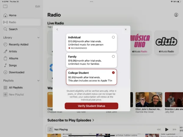 Screenshot of the Apple Music subscription options in the iPad app.