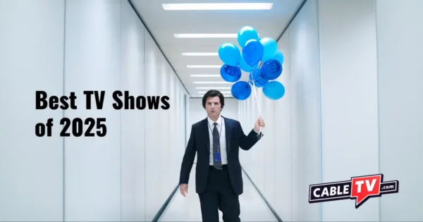 Mark S. from Severance walks down and empty hallway with blue balloons in hand.