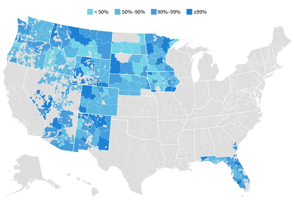 US map showing shaded areas of availability coverage for CenturyLink