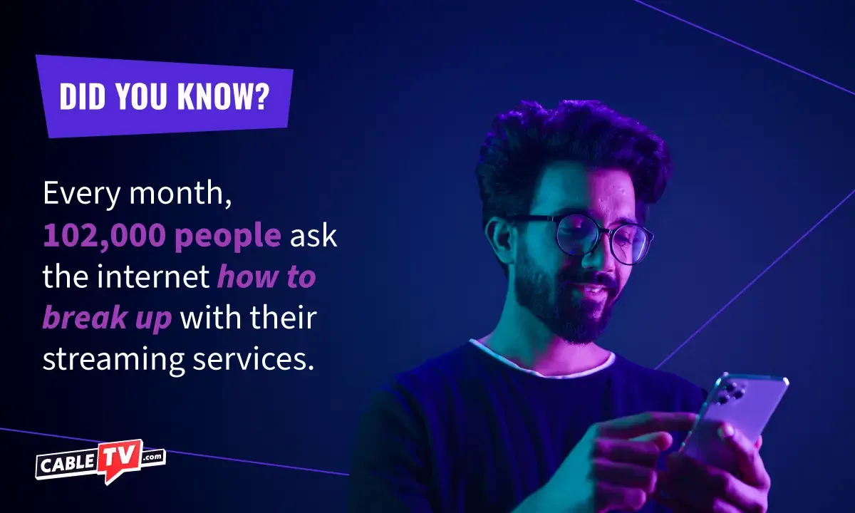 Man looking at phone with a pinkish electronic glow. Did you know? Every month, 102,000 people ask the internet how to break up with their streaming services.