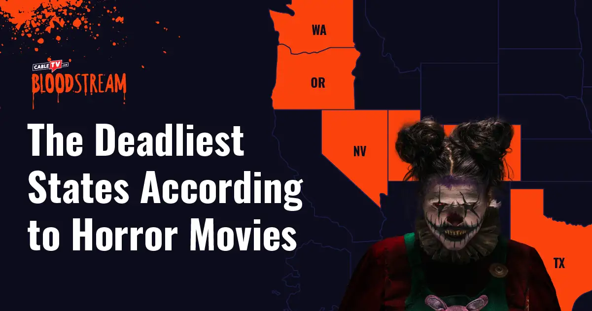 Map of select US states with text reading The Deadliest States According to Horror Movies